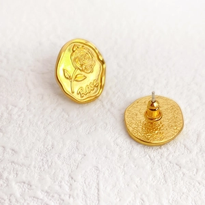 French vintage gold rose relief coin earrings with embossed floral pattern and text