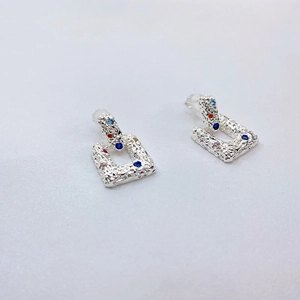 Silver rectangle stud earrings with lava texture and colorful zircon stones inlay