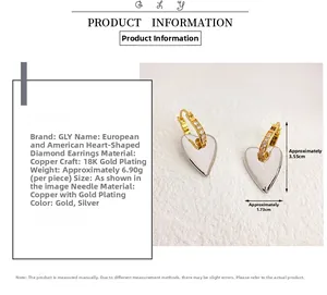 Detailed size chart for 18K gold plated brass heart earrings with zircon accents
