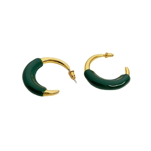 Elegant C-shaped gold-tone hoop earrings with dark green enamel finish and post back closure