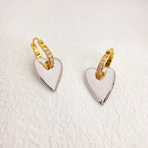 18K gold plated hoop earrings with silver heart charms and inlaid zircon stones