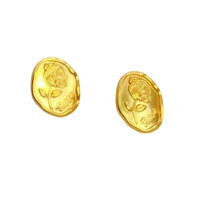 French vintage embossed rose flower gold earrings with artistic Rose lettering details