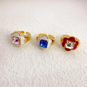 Bague Ouverte Réglable Vintage Fleur Laiton Plaqué Or 18K Émail Glaçure Incrusté Zircone Carré Bijoux de Mode pour Femmes