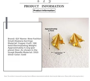 Detailed view of geometric airplane gold earring with 18K plating and S925 silver post
