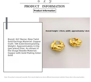 Detailed view of 18K gold-plated twisted rope earrings with product specifications