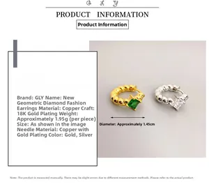 Detail specifications of square gemstone earrings with 18K gold plating and weight info