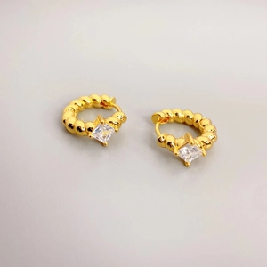 Textured gold twisted rope huggie hoop earrings with square cubic zirconia stone inlay