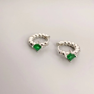 Silver hoop earrings with square green gemstone and beaded texture for women