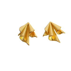 Elegant gold fan-shaped stud earrings with textured pleated design and S925 silver needles