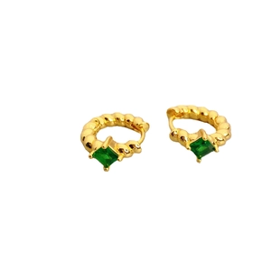 Gold spiral textured hoop earrings with square green gemstones in a set for women