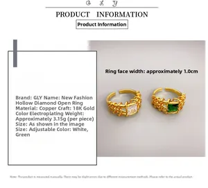 Detail of 18K gold plated copper ring featuring a large square zircon and hollow band