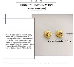 Detailed size specifications for heart-shaped 18K gold plated copper stud earrings