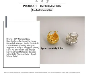 Macro shot showing 18K gold plated basket earrings with detailed woven hollow texture