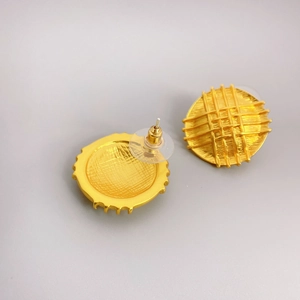 Elegant 18K gold plated brass stud earrings with circular lattice texture and secure backs