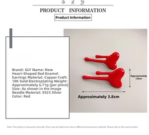 Detailed size specifications for red enamel heart earrings with S925 silver pins