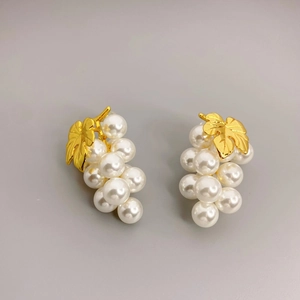 Grape Shaped Stud Earrings With Faux Artificial Pearl And 925 Sterling Silver Earring Post Gold Plated Copper Jewelry For Women