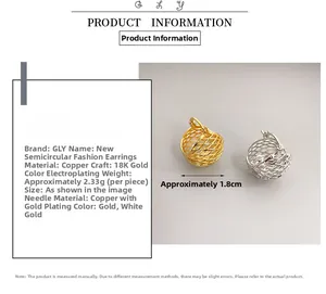 Detailed view of 18K gold plated hemispherical lattice earrings with size and weight specs
