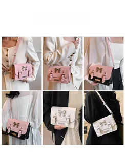 Three variants of vintage crossbody bags with bow accent and buckle straps detail