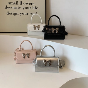 Glossy patent leather mini square handbags with metal bows in white, black, pink and silver