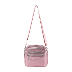 Pink metallic crossbody bag for women with multiple zipper pockets and adjustable strap
