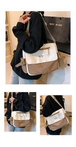 Détail du sac fourre-tout en toile bicolore avec bandoulière réglable et rabat blanc