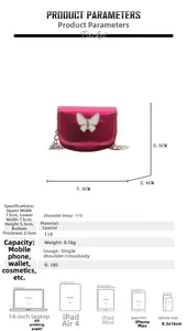 Mini metallic fuchsia crossbody bag with white bow accent and detailed size dimensions