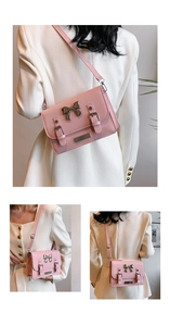Detailed views of a pink satchel with metal bow decoration and adjustable shoulder strap