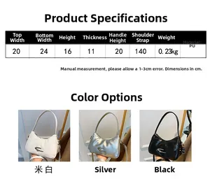 Detailed size specifications and material info for the PU crescent shoulder bag