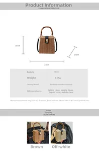 Detailed view of vintage woven handbag with bamboo handle and size dimensions shown