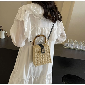 Retro woven square handbag with bamboo handle and leather strap shown on model back view