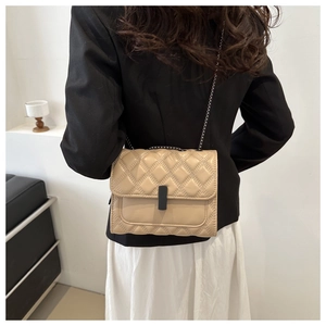 Detail of the quilted beige chain bag on model showing size and elegant strap