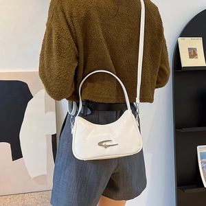 White faux leather crescent bag for women with silver logo and dual shoulder straps