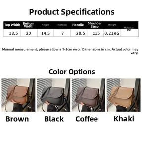 Size guide for a mini PU leather saddle bag with dimensions and four color options