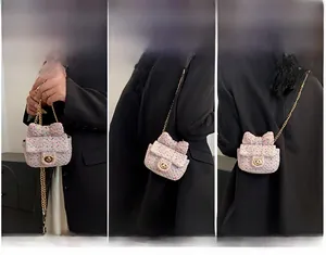 Pink tweed crossbody bag with bow design showing handbag, shoulder, and crossbody styles