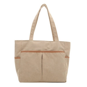 Retro-Einkaufstasche aus Cord in Khaki mit praktischen Außentaschen und viel Stauraum