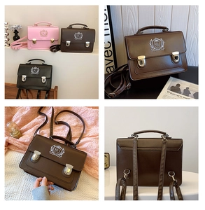 Multi-angle view of vintage JK messenger bags in brown, pink, and black PU leather