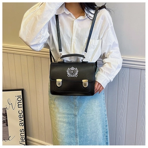 British style black PU leather satchel with shield embroidery and silver metal buckle