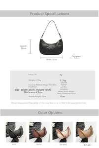Size guide for woven PU leather shoulder bag showing dimensions 25x16x6.5cm and color options