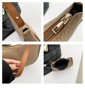 Detailed views of khaki woven texture, golden zipper and brown leather shoulder strap