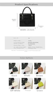 Detailed size and color chart for the quilted chain shoulder bag in six stylish colors