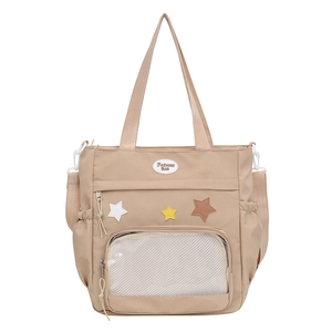 Borsa tote in tela beige con toppe a stella e tracolla regolabile rimovibile