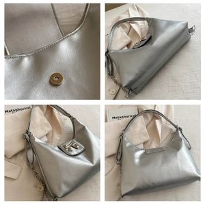 Detailed views of silver tote bag featuring metal bow buckle and chain shoulder strap