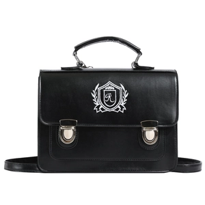 Classic black JK uniform style messenger bag with vintage shield embroidery and silver buckles