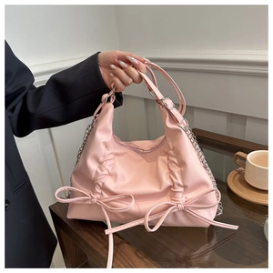 Borsa a Spalla Donna con Fiocco e Pieghe in Pelle PU Catena Metallica Grande Capacità Tote Bag Minimalista Dolce Stile Y2K