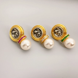 Vintage Cameo Relief Drop Earrings Faux Artificial Pearl Zircon Copper With 925 Sterling Silver Earring Post Jewelry For Women