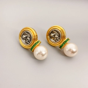 Vintage French relief coin earrings with green gemstone and hanging pearl drop