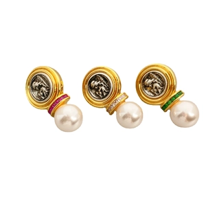 Vintage relief coin pearl earrings with colorful crystals in gold and silver plating