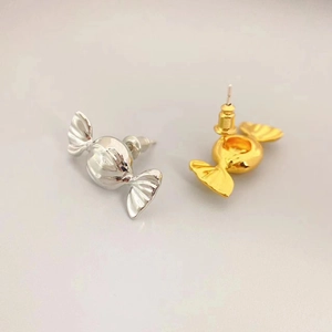 Polished candy-shaped 18K gold and silver plated stud earrings set on gray background