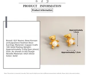 Detailed product specs of gold bear earrings with pearls and S925 silver needles