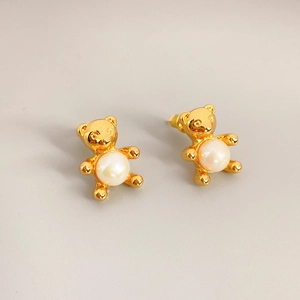 Bear Stud Earrings With Copper Gold Plated Artificial Pearl And 925 Sterling Silver Earring Post Fashion Animal Jewelry For Women